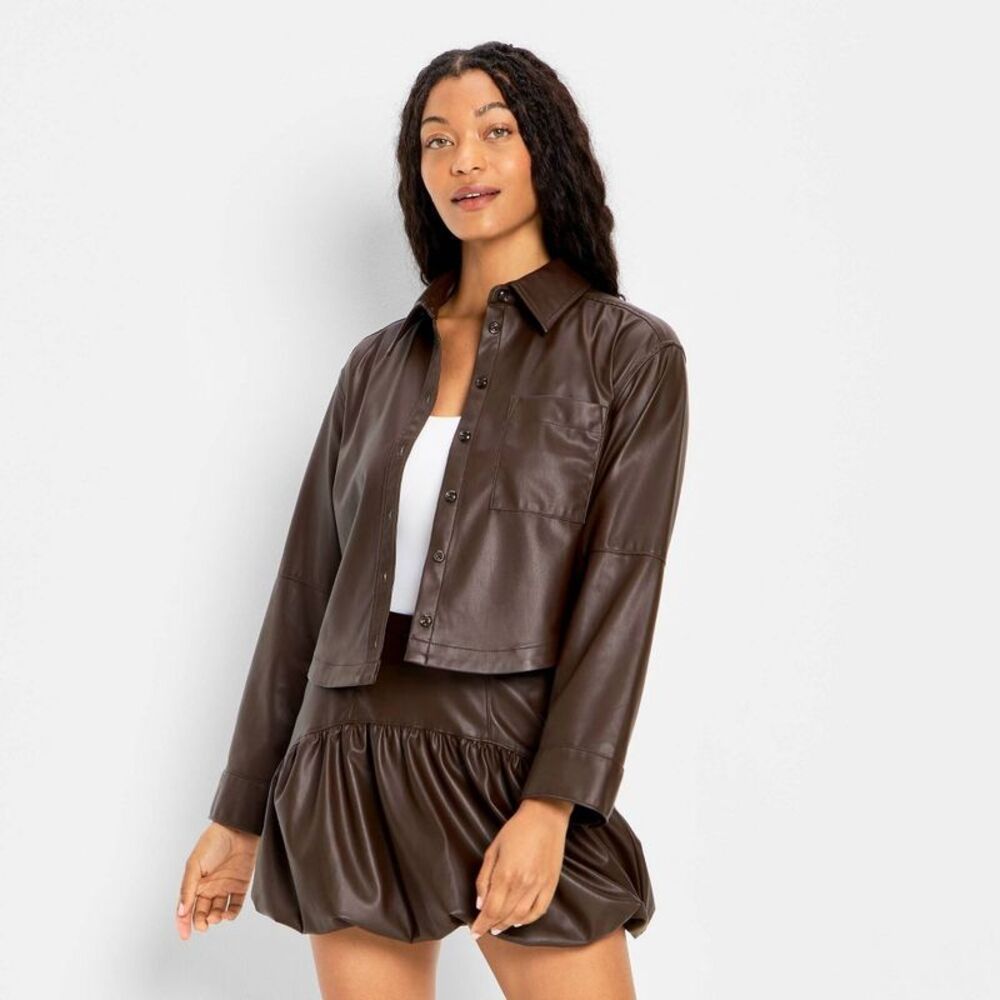 Women's Long Sleeve Leather Button-Down Shirt - Future Collective Brown S